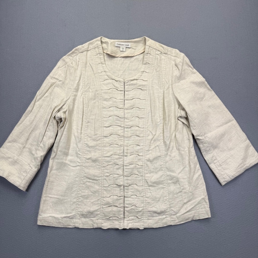 Coldwater Creek Women Beige Linen‎ Blend Open Front 3/4 Sleeve Jacket Size 14